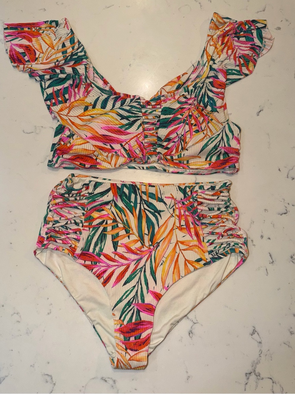 Women’s Tropical Leaf High-Waist Two-Piece Swimsuit - Pink & Green Size M/L
